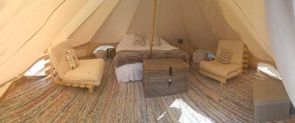 Large Bed and Interior of Bluebell Coppice Bell Tent