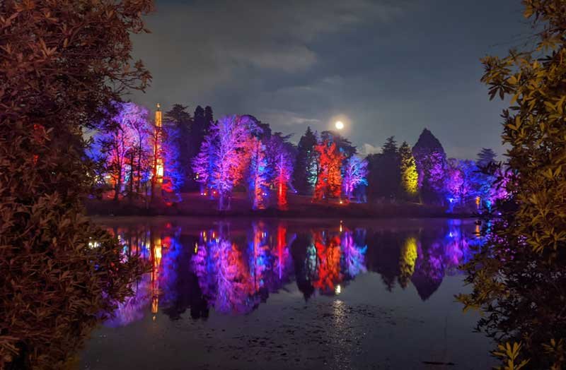 Illuminated trees reflected in lake at Windsor Park, UK