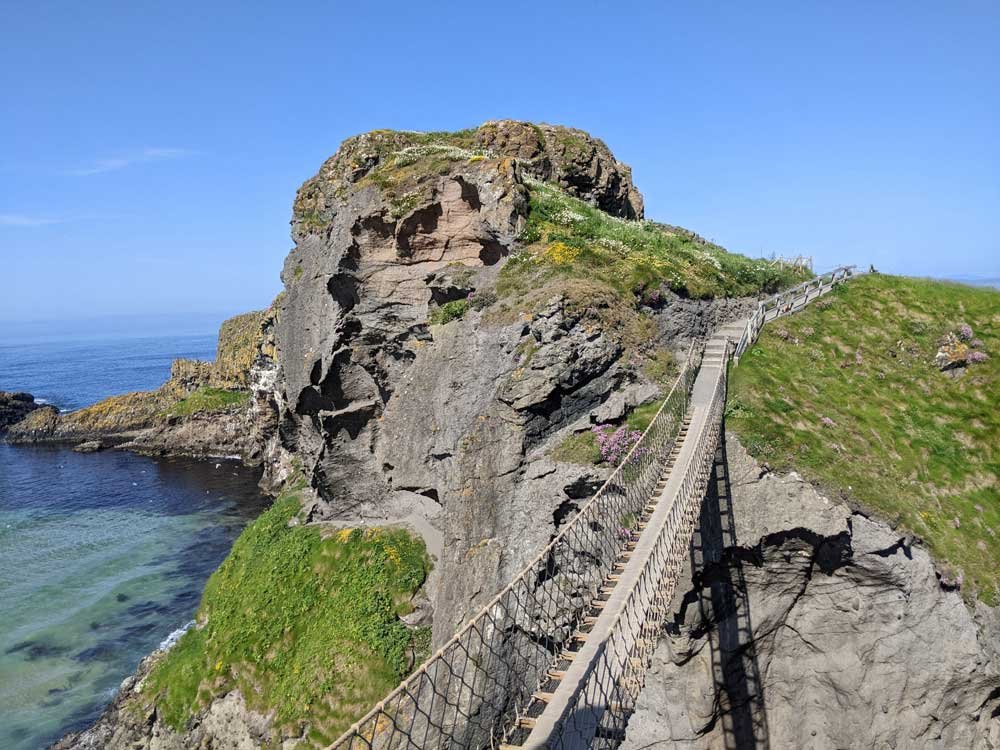 View of Carrick-a-Rede rope bridge in County Antrim, Northern Ireland