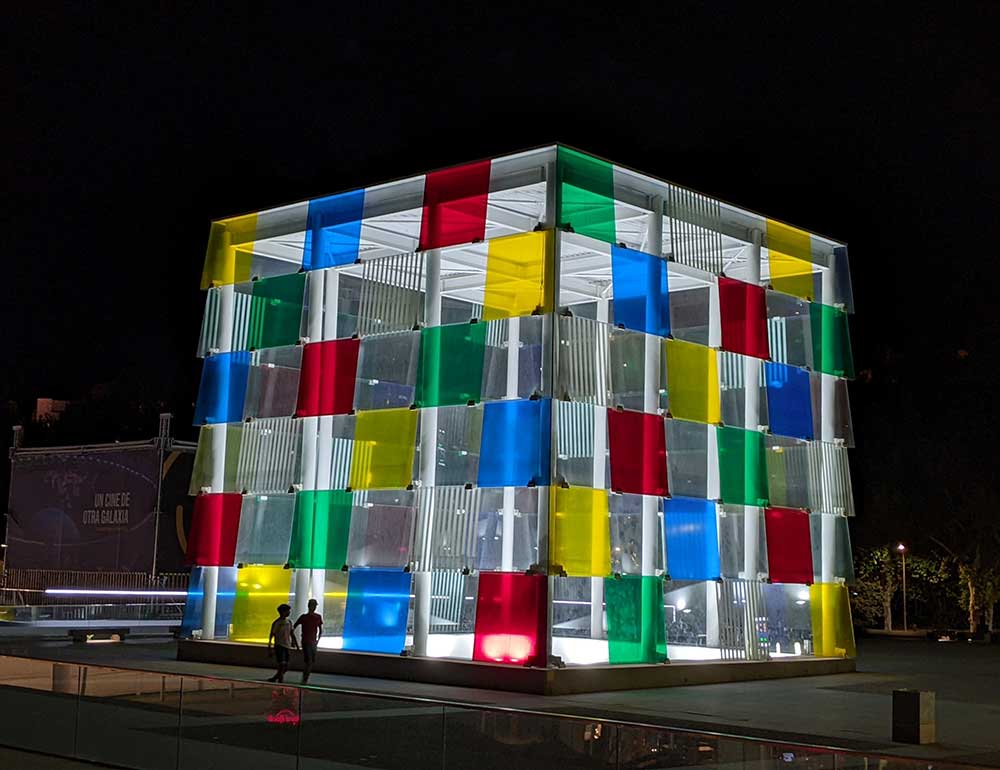 Brightly coloured glass cube at the Centre Pompidou. Malaga, Spain