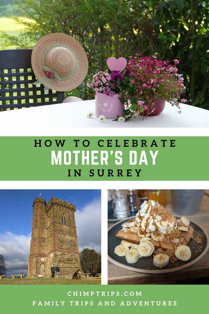 Pinterest cover: How to celebrate Mother's Day in Surrey, with a picture of Leith Hill Tower, potted plants on a table and a tasty dessert