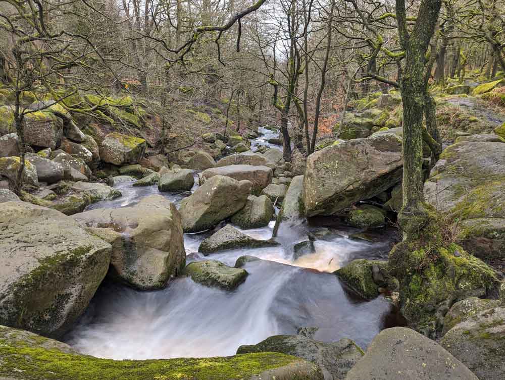 water at Burgabe brook, with large boulders and moss-covered trees at Padley Gorge