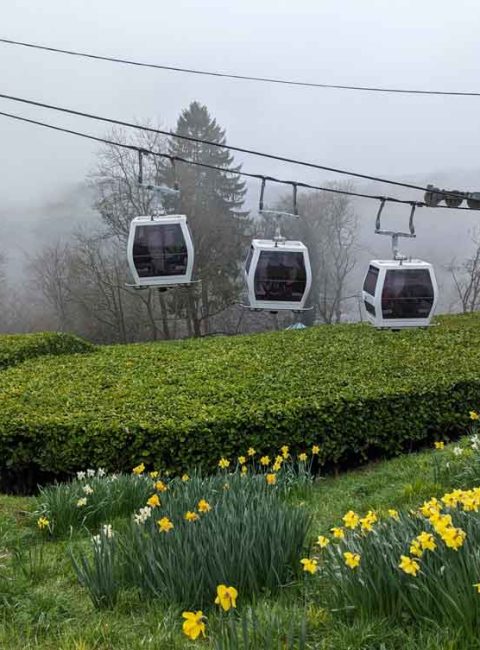 Three pods of cable cars at Abraham Heights, Derbyshire