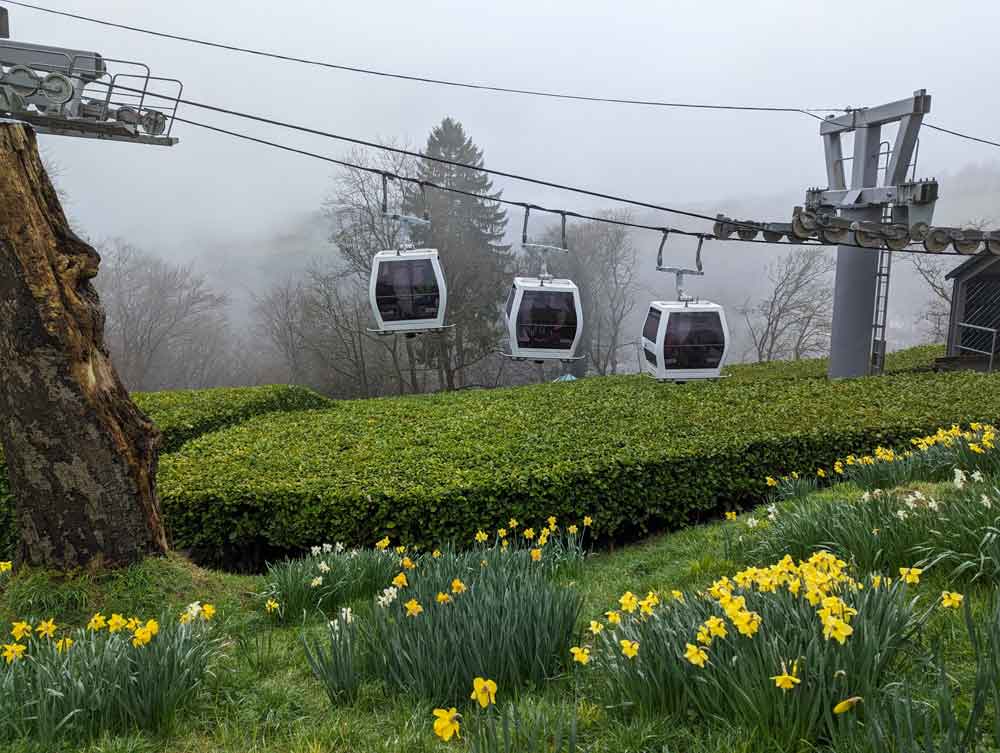 Three pods of cable cars at Abraham Heights, Derbyshire