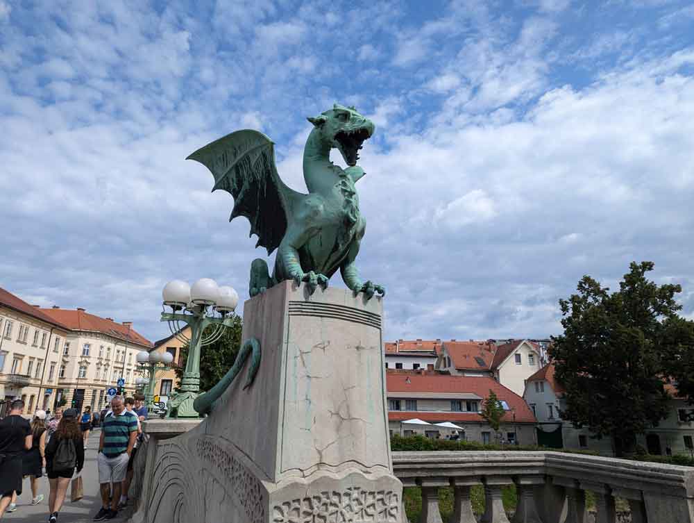 Statue of a Dragon guarding the Dragon Bridge, Ljubljana, Slovenia