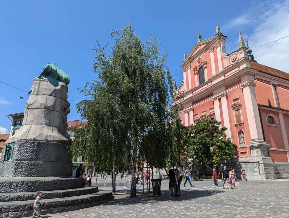 Statues and old building in Prešeren Square, Ljubljana, Slovenia