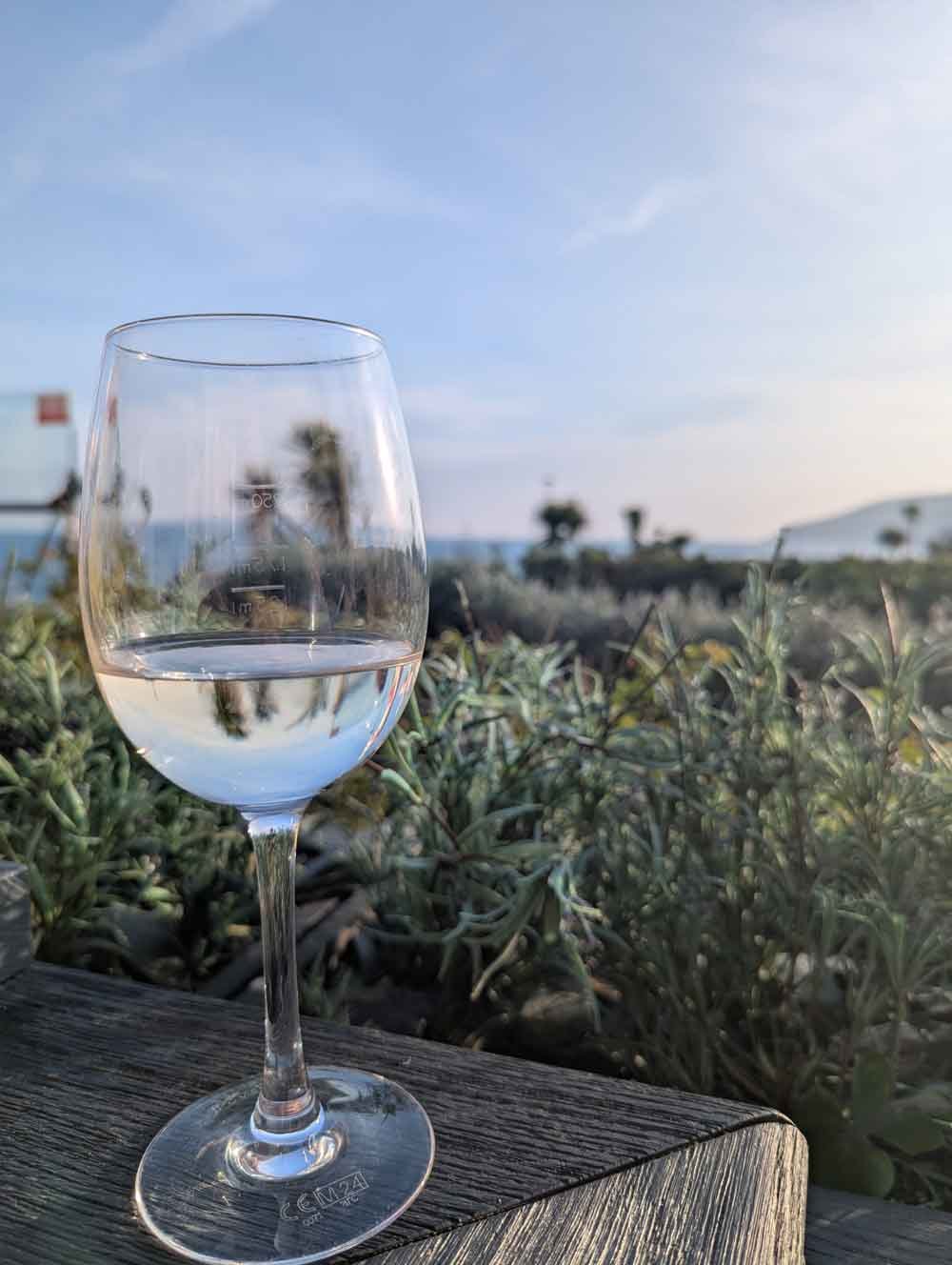 Wine at the Eastbourne coast Wineglass against backdrop of the Eastbourne coast