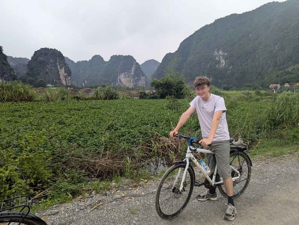 Bok on Bike Ride in Ninh Binh, background of vietnam countryside