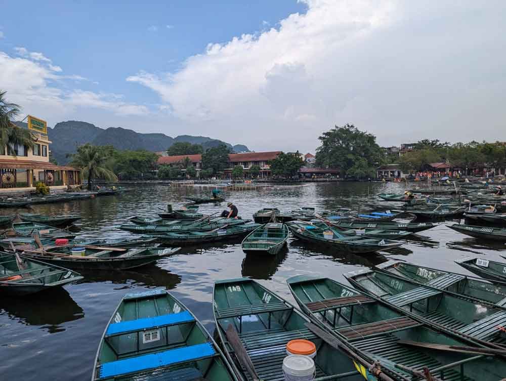 Views of boats moored at Tam Coc lake