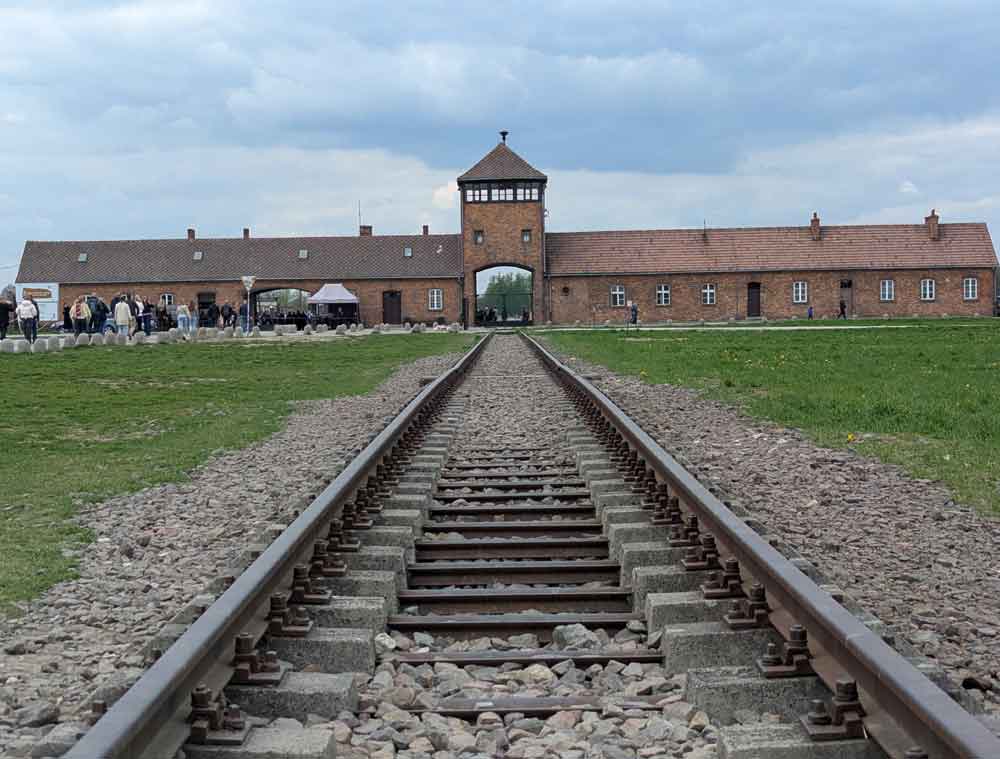 Railway line leading up to entrance of Birkenau Concentration Camp in Poland