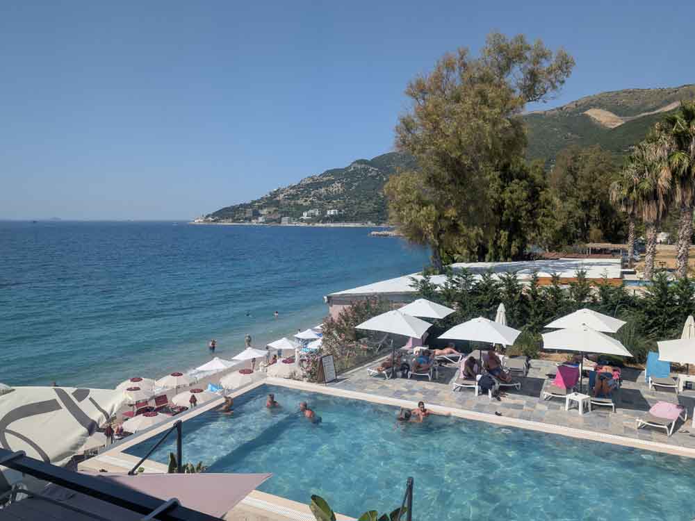 Infinity pool overlooking beach at Dukes Hotel, Radhime, Albania