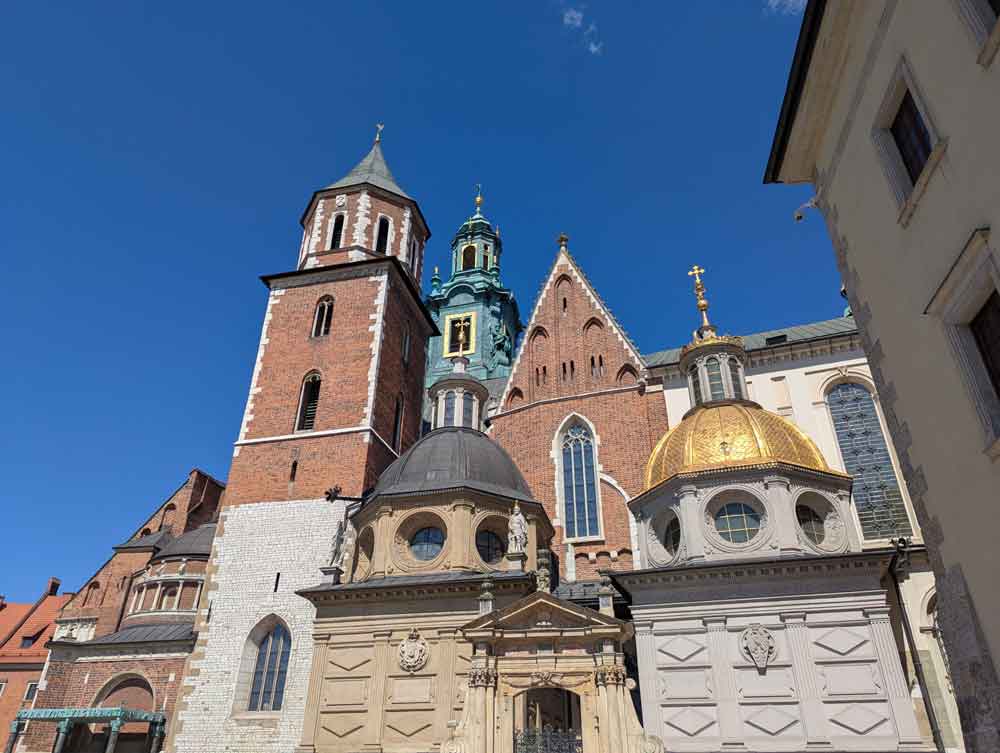 Religious buildings and towers of various sizes at Wawel Castle, Krakow