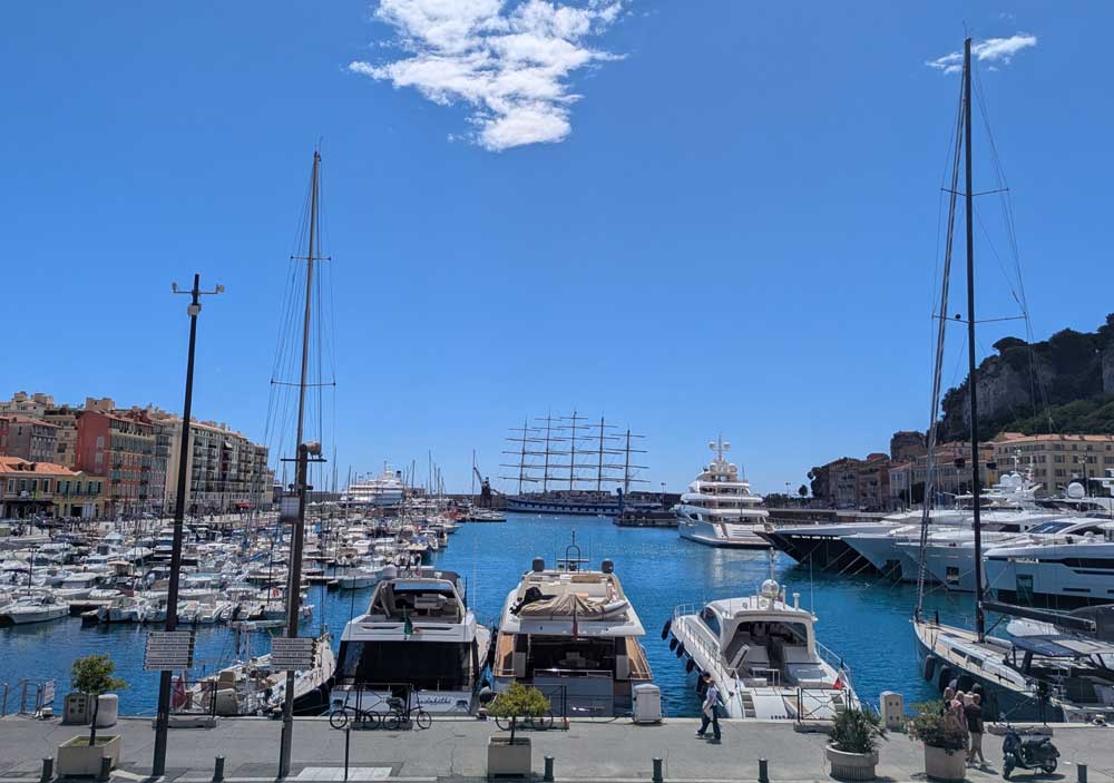 Boats of all sizes moored in Port Lympia, Nice, France