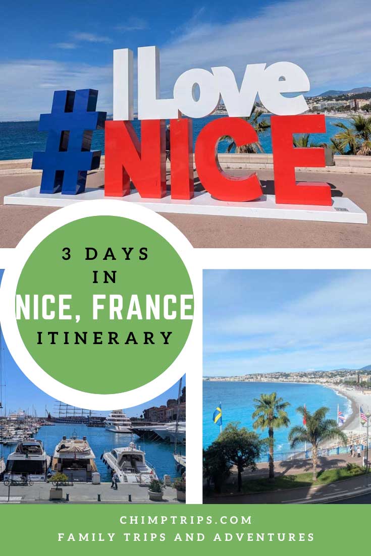 Pinterest - 3-days in Nice itinerary Pinterest cover - 3 days in Nice itinerary with views of the Baie des Anges, Port Lympia and the I Love Nice sign