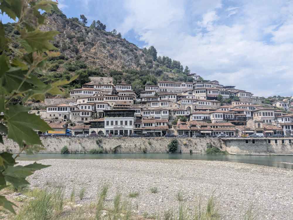 White Ottoman houses across the river in Berat, City of a Thousand Windows, Albania
