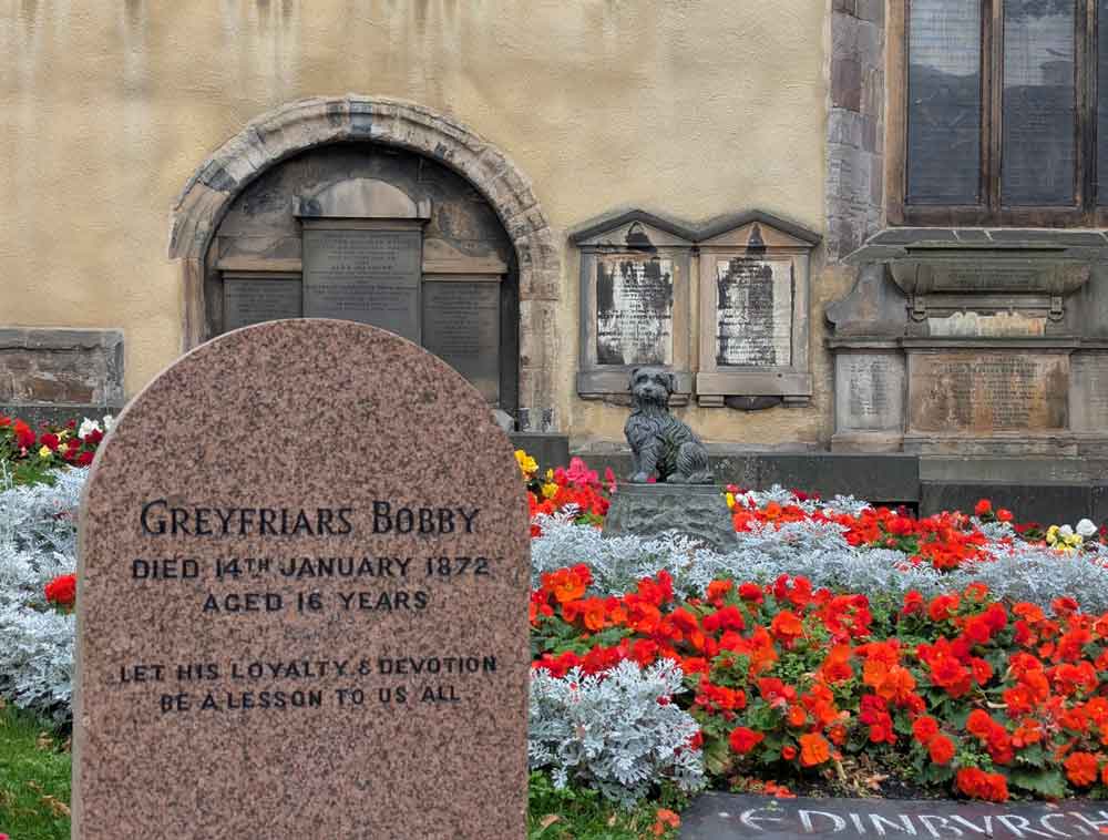 Greyfriars Bobby gravestone with a statue of the doge and red flowers in the background